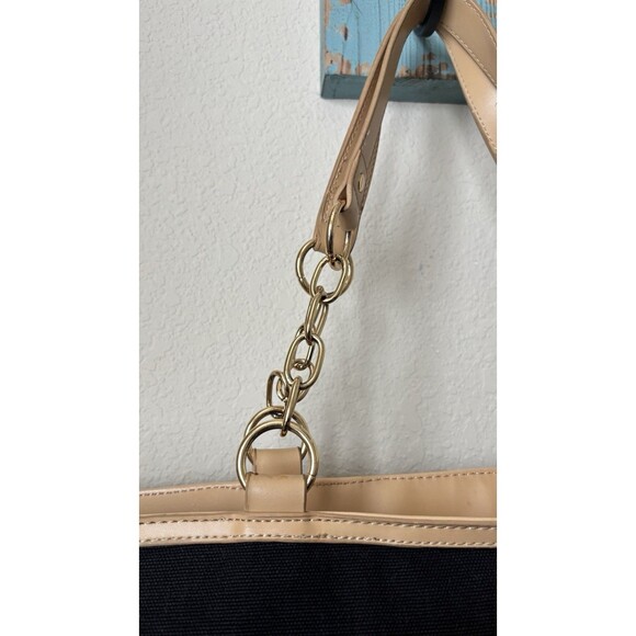 Iman Black Striped Sequined Tan Trimmed Gold Chain Shoulder Straps Tote Bag - Picture 6 of 15